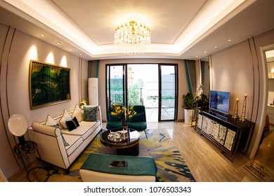 JIUJIANG CHINA-March 4, 2018: Fish Eye Lens: Residential Real Estate Developed By China Real Estate Group, Facing The Middle And High Income Class, Open Bedroom And Living Room Lamp Model.