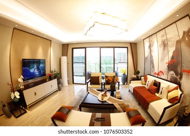 JIUJIANG CHINA-March 4, 2018: Fish Eye Lens: Residential Real Estate Developed By China Real Estate Group, Facing The Middle And High Income Class, Open Bedroom And Living Room Lamp Model.