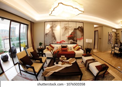 JIUJIANG CHINA-March 4, 2018: Fish Eye Lens: Residential Real Estate Developed By China Real Estate Group, Facing The Middle And High Income Class, Open Bedroom And Living Room Lamp Model.