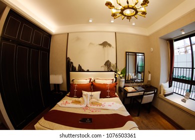 JIUJIANG CHINA-March 4, 2018: Fish Eye Lens: Residential Real Estate Developed By China Real Estate Group, Facing The Middle And High Income Class, Open Bedroom And Living Room Lamp Model.