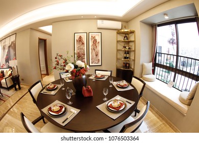 JIUJIANG CHINA-March 4, 2018: Fish Eye Lens: Residential Real Estate Developed By China Real Estate Group, Facing The Middle And High Income Class, Open Bedroom And Living Room Lamp Model.