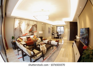 JIUJIANG CHINA-March 4, 2018: Fish Eye Lens: Residential Real Estate Developed By China Real Estate Group, Facing The Middle And High Income Class, Open Bedroom And Living Room Lamp Model.