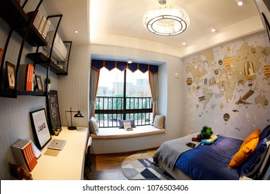 JIUJIANG CHINA-March 4, 2018: Fish Eye Lens: Residential Real Estate Developed By China Real Estate Group, Facing The Middle And High Income Class, Open Bedroom And Living Room Lamp Model.