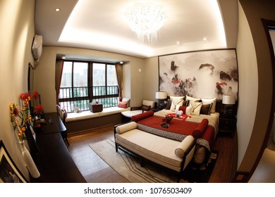 JIUJIANG CHINA-March 4, 2018: Fish Eye Lens: Residential Real Estate Developed By China Real Estate Group, Facing The Middle And High Income Class, Open Bedroom And Living Room Lamp Model.