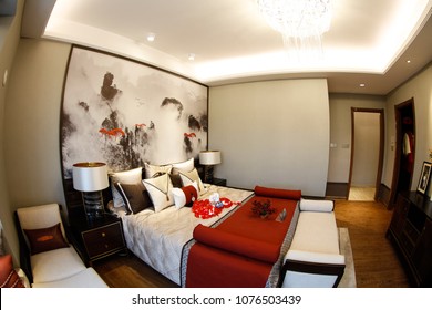 JIUJIANG CHINA-March 4, 2018: Fish Eye Lens: Residential Real Estate Developed By China Real Estate Group, Facing The Middle And High Income Class, Open Bedroom And Living Room Lamp Model.