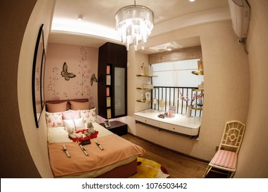 JIUJIANG CHINA-March 4, 2018: Fish Eye Lens: Residential Real Estate Developed By China Real Estate Group, Facing The Middle And High Income Class, Open Bedroom And Living Room Lamp Model.