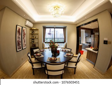 JIUJIANG CHINA-March 4, 2018: Fish Eye Lens: Residential Real Estate Developed By China Real Estate Group, Facing The Middle And High Income Class, Open Bedroom And Living Room Lamp Model.