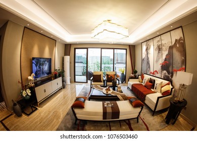 JIUJIANG CHINA-March 4, 2018: Fish Eye Lens: Residential Real Estate Developed By China Real Estate Group, Facing The Middle And High Income Class, Open Bedroom And Living Room Lamp Model.