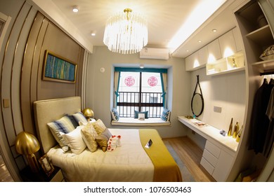 JIUJIANG CHINA-March 4, 2018: Fish Eye Lens: Residential Real Estate Developed By China Real Estate Group, Facing The Middle And High Income Class, Open Bedroom And Living Room Lamp Model.