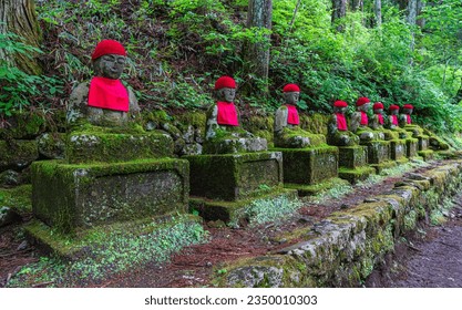 Jizo statues in the famous Kanmangafuchi Abyss in Nikko. Tochigi Prefecture, Japan.