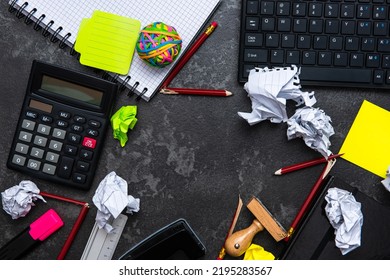 Job Burnout Conceptual Background, Office Desk Top Down View.