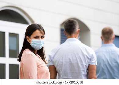 Job Center Line Of Jobless Unemployed Recruitment Seekers With Face Masks