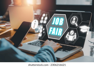 Job fair concept, Person using laptop on desk with job fair icon on virtual screen. - Powered by Shutterstock