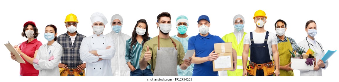 job, health and pandemic concept - people of different professions wearing face protective masks or respirators for protection from virus disease over white background
