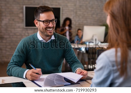 Job interview, businessman listen to candidate answers.