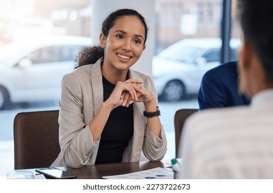 Job interview, happy and woman in office for business meeting, discussion and networking with candidate. We are hiring, smile and friend HR lady explaining hiring process, recruitment and our vision - Shutterstock ID 2273722673