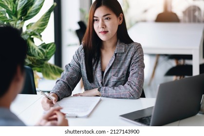 Job Interview In Office, Focus On Resume Writing Tips, Employer Reviewing Good Cv Of Prepared Skilled Applicant, Recruiter Considering Application, Hr Manager Making Hiring Decision.
