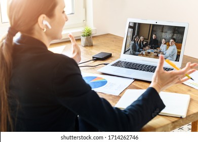 Job Interview Online. A Young Woman Talks Via Video Connection With Employers