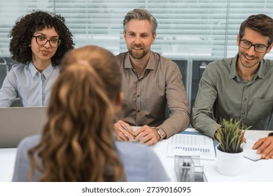 Job interview process is in office. Human resources, meeting and group of hiring candidates for vacancy.