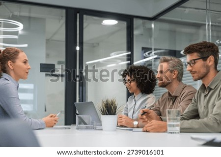 Job interview process is in office. Human resources, meeting and group of hiring candidates for vacancy.