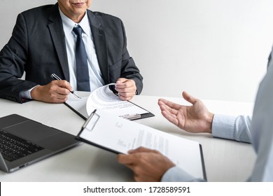 Job interview, Senior selection committee manager asking questions to applicant about work history, colloquy dream,  Skill, expertise, experience and businessman listen to candidate answers. - Shutterstock ID 1728589591