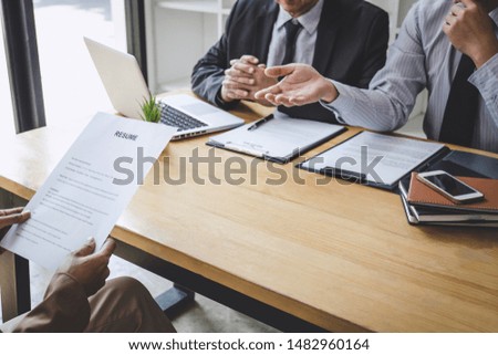 Job interview, Two selection committee manager asking questions to applicant about work history, colloquy dream,  Skill, expertise, experience and businessman listen to candidate answers.