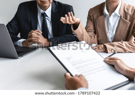 Job interview, Two selection committee manager asking questions to applicant about work history, colloquy dream,  Skill, expertise, experience and businessman listen to candidate answers.