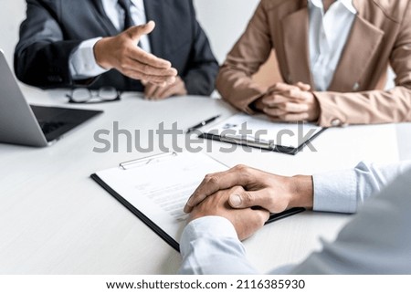 Job interview, Two selection committee manager asking questions to applicant about work history, colloquy dream,  Skill, expertise, experience and businessman listen to candidate answers.