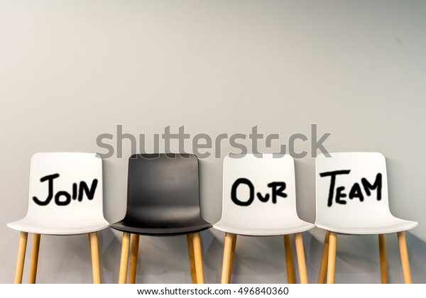 Job\
recruiting advertisement represented by \'JOIN OUR TEAM\' texts on\
the chairs. One chair is colored differently to represent the\
hiring position to be recruited and\
filled.