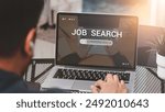 Job search concept. Man using laptop for job search concept.  find your career, Peoplesearching for vacancies or position on the internet, recruiting, finding jobs. Unemployedand poor economy. 