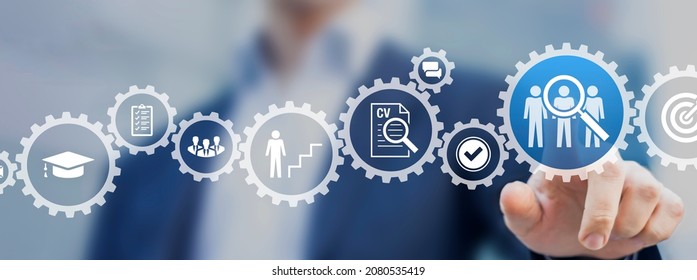 Job search, headhunting and recruitment process concept. Icons for skills, education, qualification, interview and application inside gears. Hiring and human resources workflow automation.
