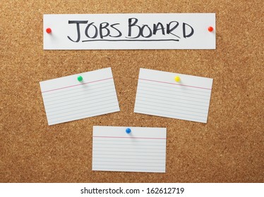 Jobs Board banner on a cork notice board with blank white note cards as a concept for job searching and employment opportunities.