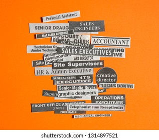 Jobs Or Careers Concept: Multiple Job Titles Or Occupations Cut Off From Newspaper On Orange Background