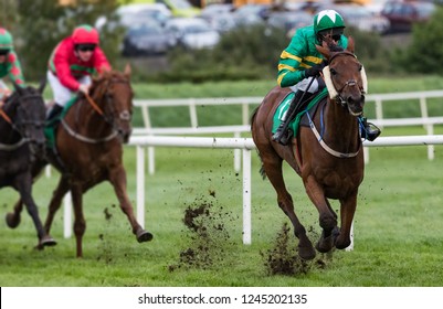 Jockey And Race Horse Taking The Lead Towards The Finish Line