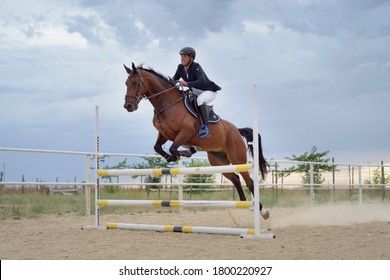 Jockey riding a horse jumping an obstacle on the track. Jumping sport.