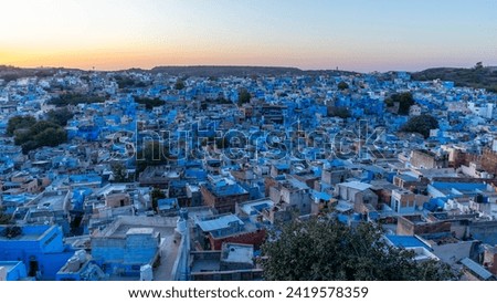Jodhpur, the Blue City, Rajasthan, India, Blue houses at sunset in Jodhpur, India.