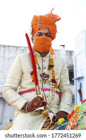 Jodhpur, Rajashtbn, India. 30 June 2020: Indian Groom Wearing Mask Sitting On Horse, People Getting Married After Ease In Lock Down During COVID-19 Pandemic, Wedding During Coronavirus Outbreak