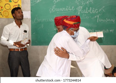 Jodhpur, Rajashtbn, India. 30 June 2020: Indian People Wearing Mask Hugging, Wedding Ceremony, Meeting Social Gathering After Ease In Lock Down During COVID-19 Pandemic, Wedding During Coronavirus