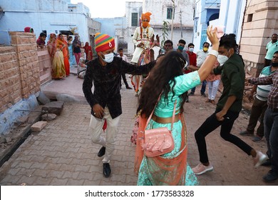 Jodhpur, Rajashtbn, India. 30 June 2020: Indian People Wearing Mask Dancing, In A Wedding, Celebrating Social Gathering After Ease In Lock Down During COVID-19 Pandemic, Wedding During Coronavirus