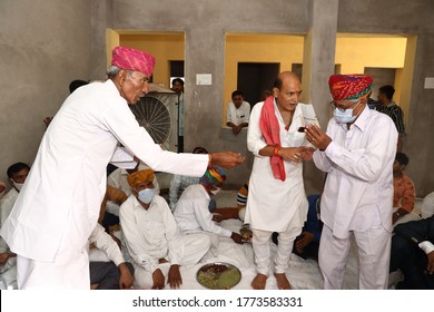 Jodhpur, Rajashtbn, India. 30 June 2020: Indian People Group Pooja Wedding Ceremony, Meeting Social Gathering After Ease In Lock Down During COVID-19 Pandemic, Wedding During Coronavirus Outbreak