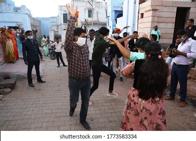 Jodhpur, Rajashtbn, India. 30 June 2020: Indian People Wearing Mask Dancing, In A Wedding, Celebrating Social Gathering After Ease In Lock Down During COVID-19 Pandemic, Wedding During Coronavirus