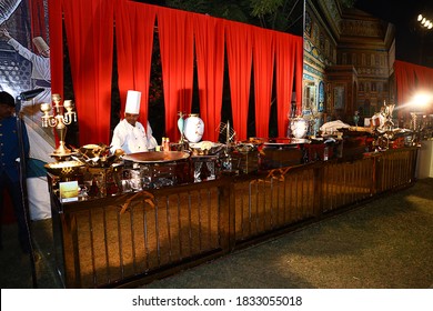 Jodhpur, Rajasthan, India, 20 Oct, 2019: Organized Food Stall Ready To Serve The Guests At A Wedding Party Or Reception Venue, Night Time Exposure