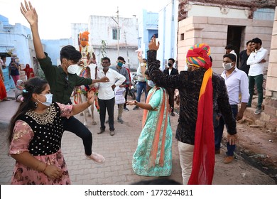 Jodhpur, Rajasthan, India. 30 June 2020: Indian Wedding Celebration During Covid-19 Or SARS-CoV-2, New Strain Of Coronavirus In India. People Dancing On Streets, Small Gathering, 