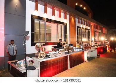 Jodhpur, Rajasthan, India, August 20th, 2020: Well Organized Food Stall Ready To Serve The Guests At A Wedding Party Or Reception Venue, Night Time Exposure