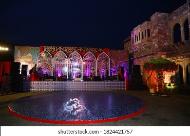 Jodhpur, Rajasthan, India, August 20th, 2020: Big Empty Dance Floor For A Backyard Lawn Event Or Ceremony With Colorful Night Lights, Speaker Setup In Background, Night Time Shot