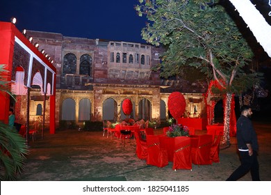 Jodhpur, Rajasthan, India, August 20th, 2020: Decorated Backyard Or Lawn Of Indian Royal Palace For Wedding Event Or Ceremony At Evening, Indian Destination Wedding, Wedding Event Decor Concept