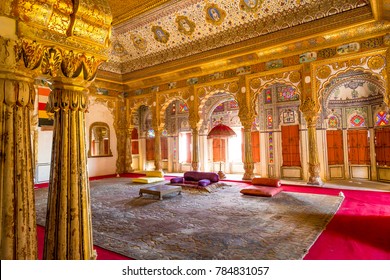 Jodhpur, Rajasthan, India, December 14,2017: Golden royal palace room with architectural details at Mehrangarh Fort, Jodhpur.