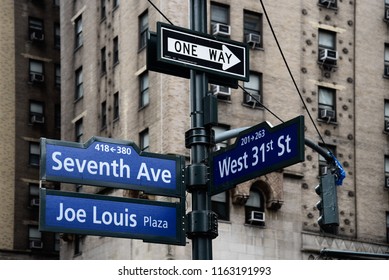 Joe Louis Plaza Road Sign In Midtown Of New York City