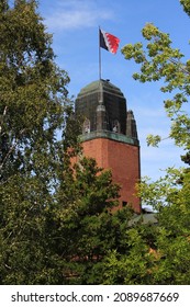 Joensuu, Finland - 08.09.2018: Flag On A Top Of Town Hall Tower, Architect Eliel Saarinen