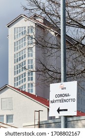 Joensuu, Finland - April 19, 2020: Road Sign To Coronavirus Sampling In Siun Sote Public Health Department In The Finnish Language 